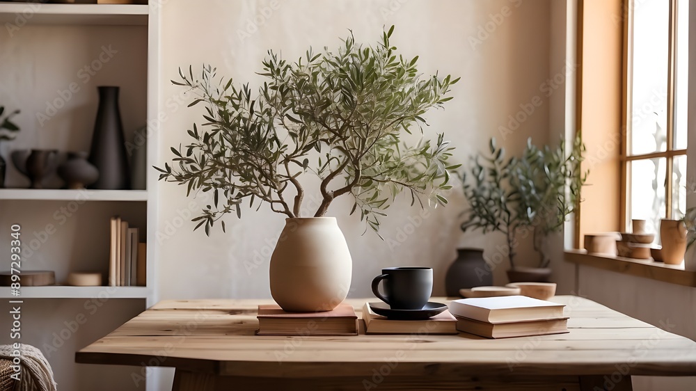 Tasty Mediterranean house layout. Coffee cup in a textured vase with branches of olive trees. Books arranged on a wooden table. Still life in the living room. void in the wall copy area. Modern interi Tasty Mediterranean house layout. Coffee cup in a textured vase with branches of olive trees. Books arranged on a wooden table. Still life in the living room. void in the wall copy area. Modern interi