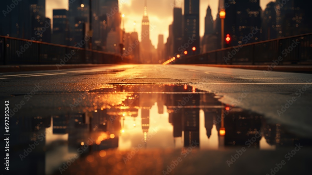 Twilight urban cityscape blurred lights and reflective surface for a dreamy ambiance Twilight urban cityscape blurred lights and reflective surface for a dreamy ambiance