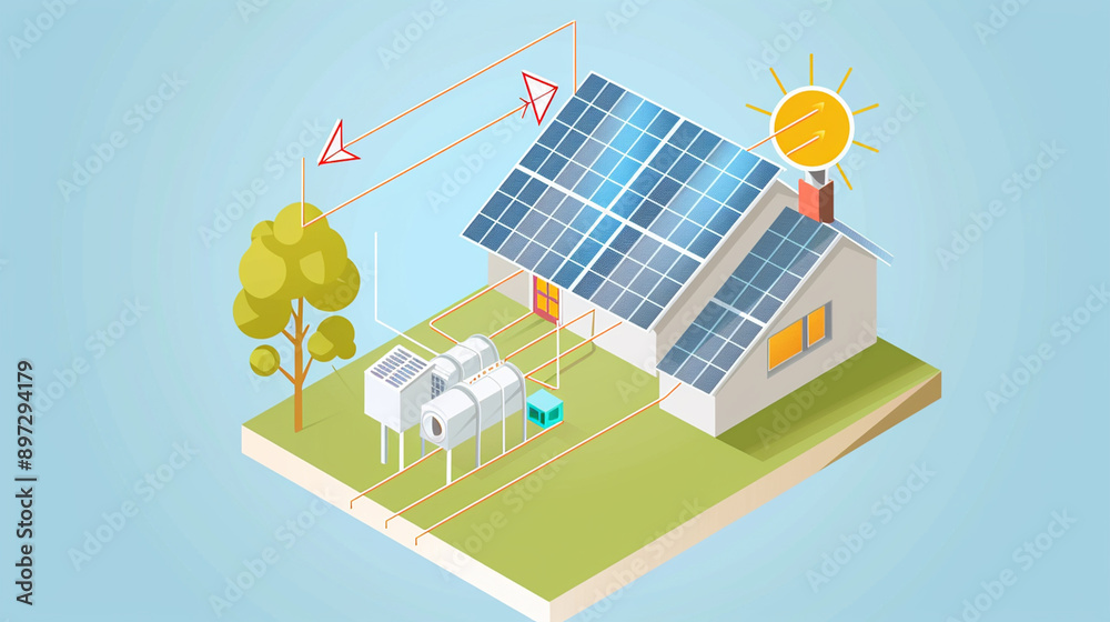 An illustration of a solar energy system featuring solar panels on a building, integrating renewable energy technology into the environment. This image highlights sustainable energy solutions. An illustration of a solar energy system featuring solar panels on a building, integrating renewable energy technology into the environment. This image highlights sustainable energy solutions.