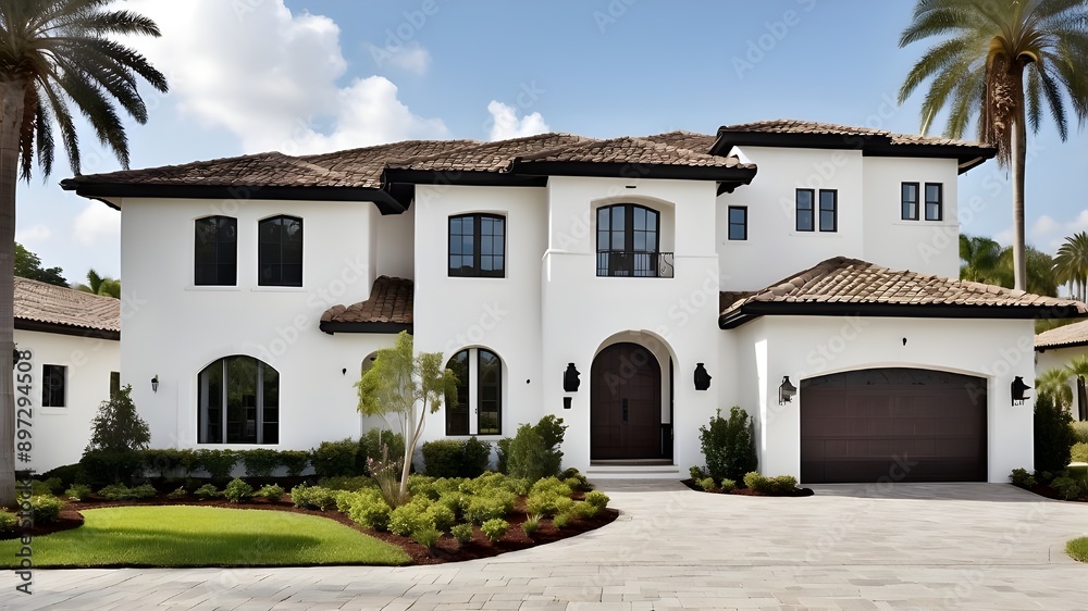 Front view of A stunning contemporary white Spanish-style home with black windows and a dark brown roof, along with a paver driveway and trees in the summertime in Florida, capturedin high definition Front view of A stunning contemporary white Spanish-style home with black windows and a dark brown roof, along with a paver driveway and trees in the summertime in Florida, capturedin high definition