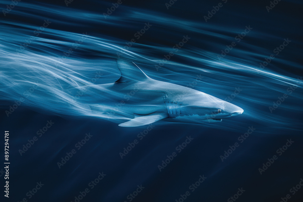 Fototapeta premium Great white shark gracefully glides through deep blue waters, basking in sunlight