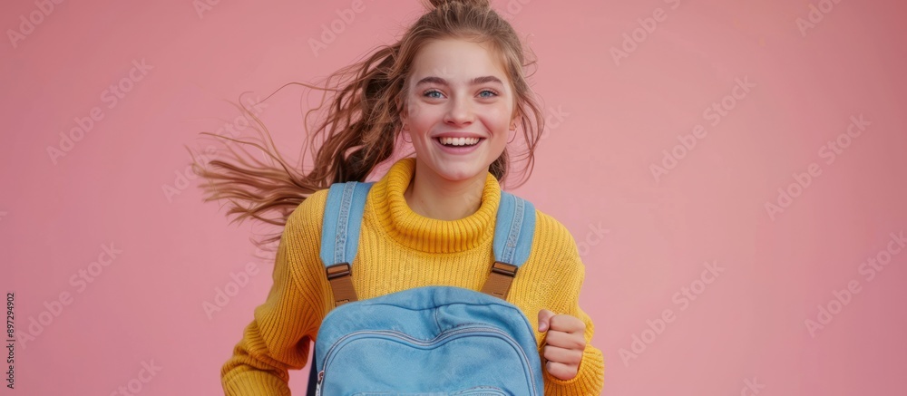 Happy Young Woman With Backpack on Pink Background Happy Young Woman With Backpack on Pink Background