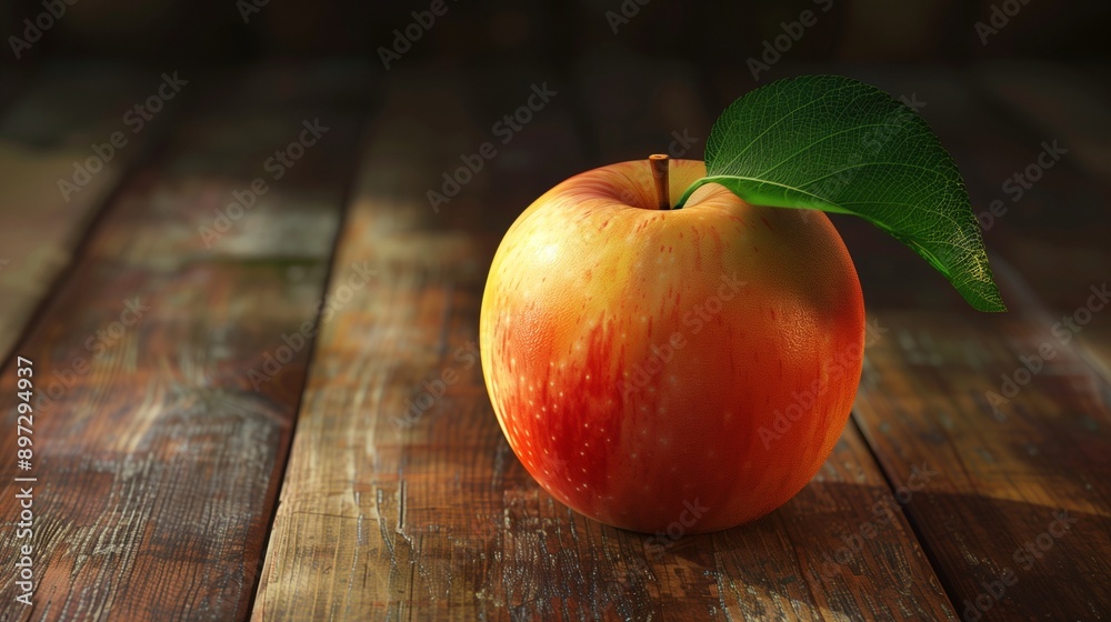 Ripe apple with leaf.