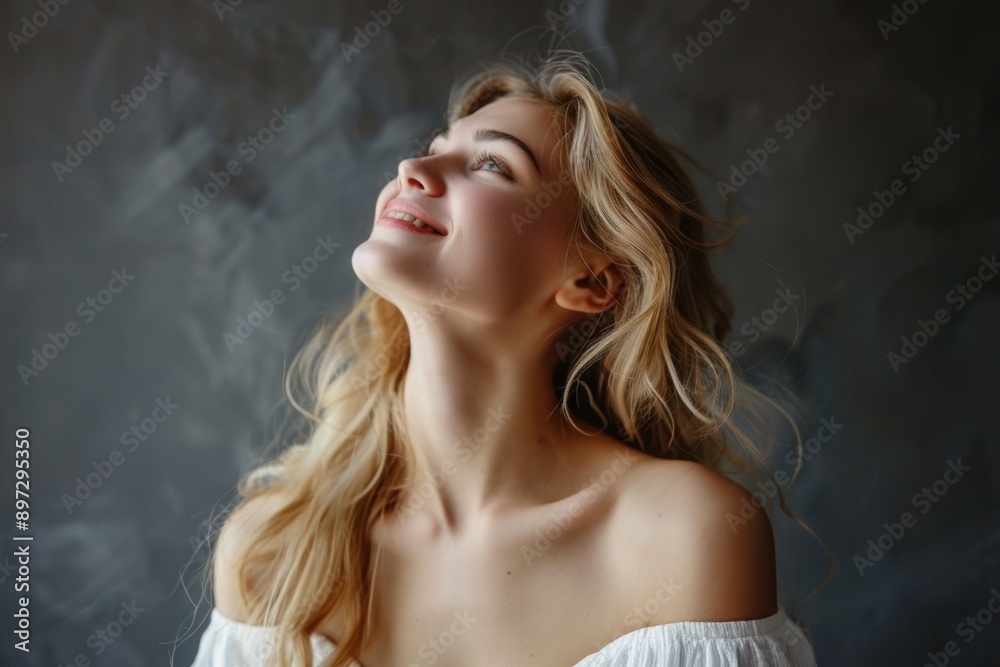 A woman wearing a white dress looks upwards with a sense of wonder, ideal for use in a scene about introspection or contemplation A woman wearing a white dress looks upwards with a sense of wonder, ideal for use in a scene about introspection or contemplation
