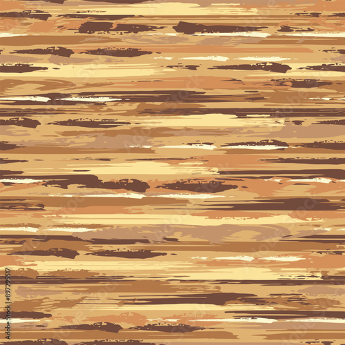 Seamless beige camouflage pattern with horizontal stripes. Frayed texture, smudge paint. Dense random chaotic composition. For apparel, fabric, textile, sport goods. Grunge style