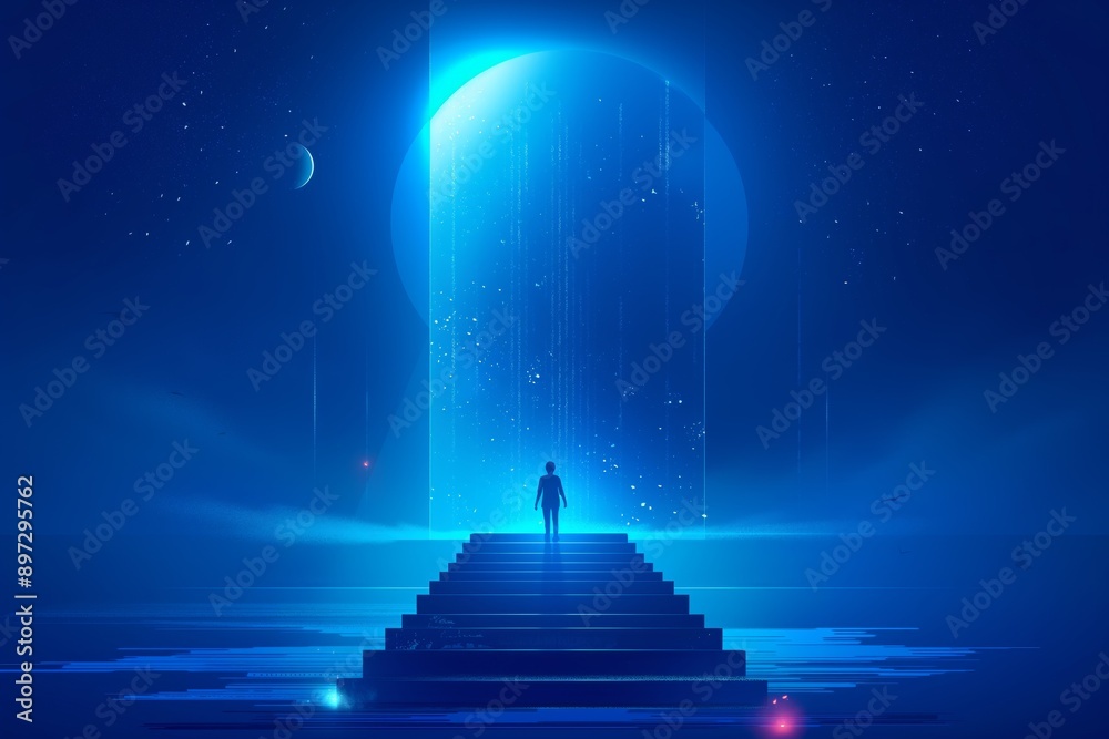 illustration of a person climbs up to a huge door using ladders in an abstract blue futuristic background illustration of a person climbs up to a huge door using ladders in an abstract blue futuristic background