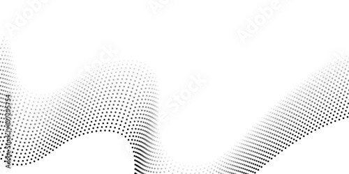 Futuristic wave of black smoothly moving dots on a white background. Flowing dot particles wave pattern halftone black gradient smooth curve shape isolated on transparent background. Vector in concept
