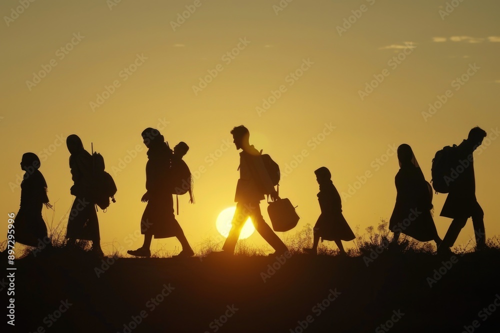 Group of people walking through a lush green field as the sun sets, creating a warm and inviting atmosphere Group of people walking through a lush green field as the sun sets, creating a warm and inviting atmosphere