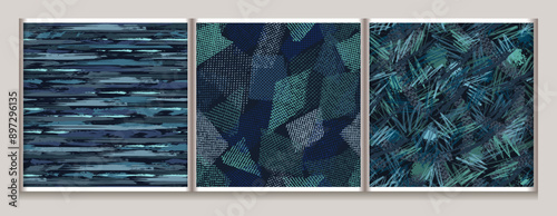 Seamless blue camouflage patterns. Abstract lines and shapes. Grunge texture. For apparel, fabric, textile, sport goods.