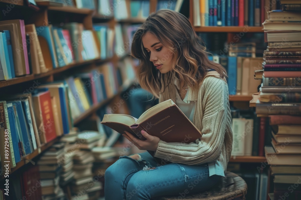Woman reading a book in a library. Woman reading a book in a library.