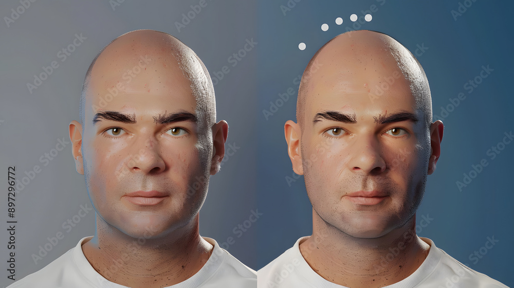 3D Render Man before after hair loss treatment. Head balding man before after hair. Healthy tourism. Before After 3D render 3D Render Man before after hair loss treatment. Head balding man before after hair. Healthy tourism. Before After 3D render