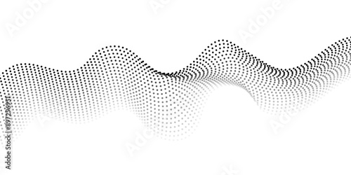 Futuristic wave of black smoothly moving dots on a white background. Flowing dot particles wave pattern halftone black gradient smooth curve shape isolated on transparent background. Vector in concept