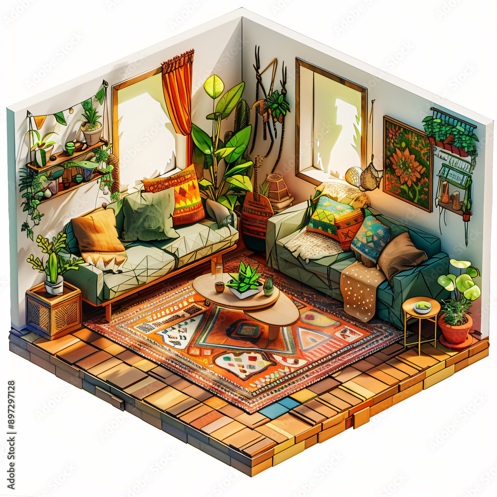 Bohemian style living room, cutaway isometric low poly art, 3d with ...