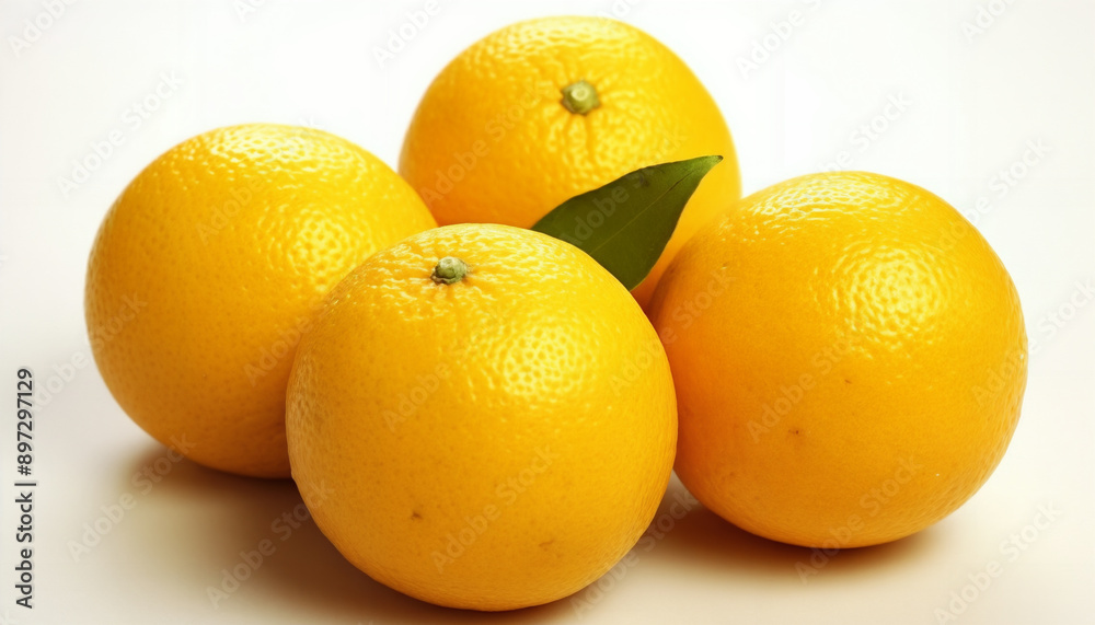 a group of four oranges sitting on top of each other on a white surface with a green leaf a group of four oranges sitting on top of each other on a white surface with a green leaf