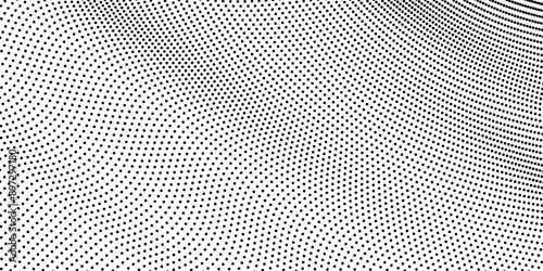 Wavy abstract halftone black dots isolated on a transparent background. Flowing particles dots, wave pattern curve halftone shape isolated on transparent background. Vector background concept.