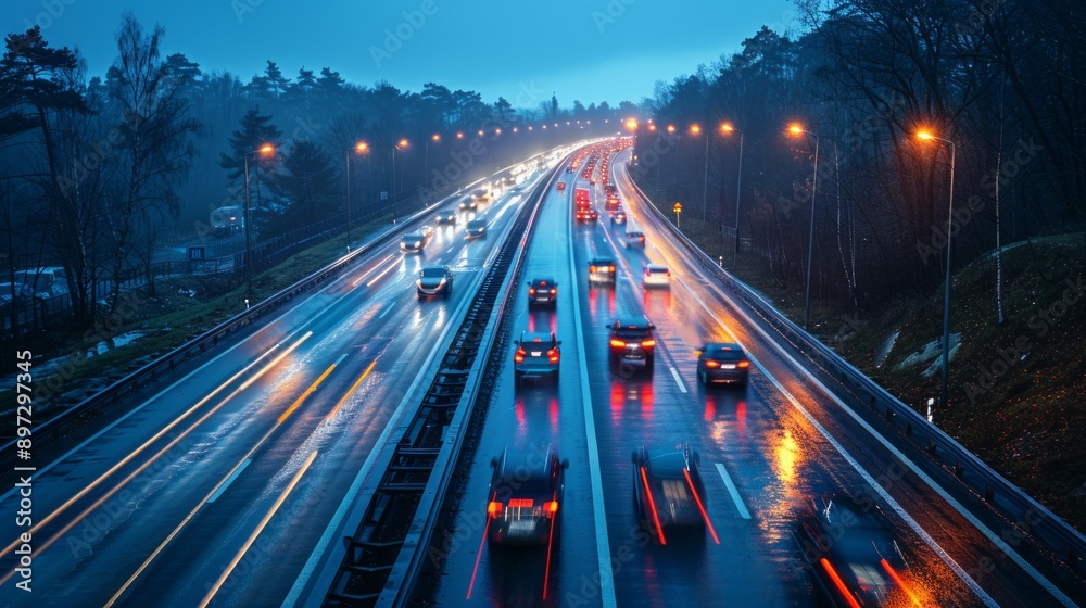 A Symphony of Taillights on a Rain-Slicked Highway at Night. Generative AI A Symphony of Taillights on a Rain-Slicked Highway at Night. Generative AI