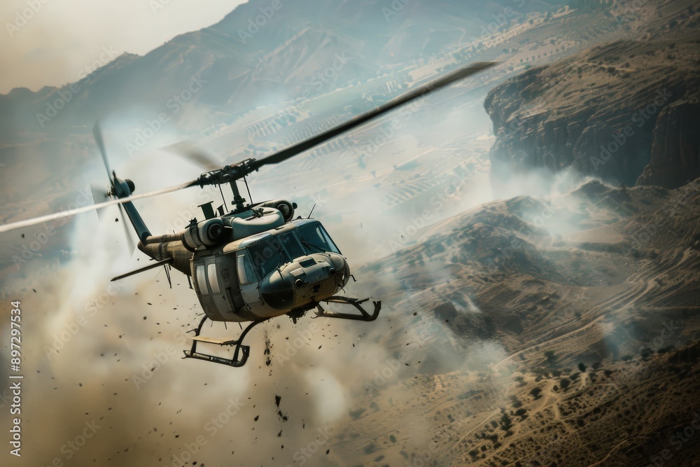 Military Helicopter Flying Low Over Rugged Terrain. Military Helicopter Flying Low Over Rugged Terrain.