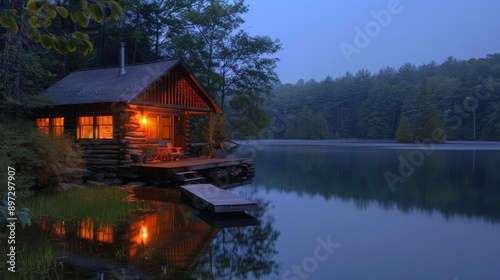 A peaceful lakeside cabin at dusk