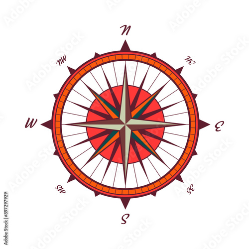 Vintage marine wind rose, nautical chart. Colorful navigational compass with cardinal directions of North, East, South, West. Geographical position, cartography and navigation. Vector illustration