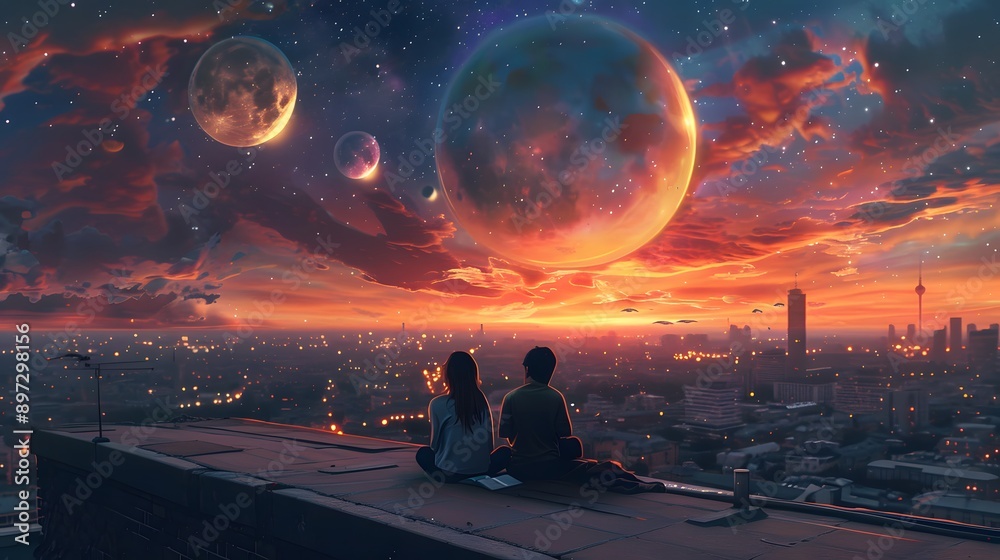 Silhouette lovers embrace golden sunset sky on rooftop Silhouette lovers embrace golden sunset sky on rooftop