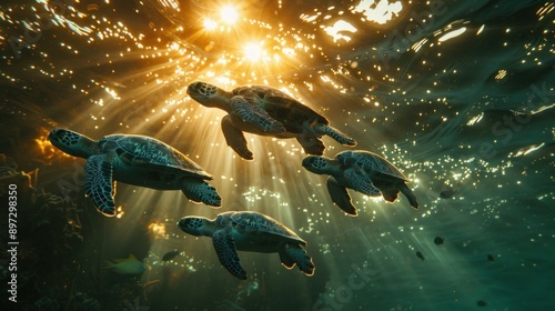 Group of sea turtles swimming under golden sunset light © Oksana