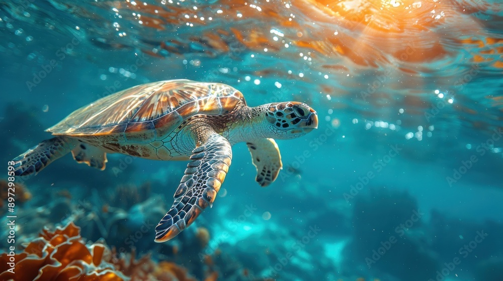 Fototapeta premium Vividly colored turtle gracefully navigating the sea