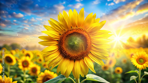 A bright summer day in a sunflower field with a clear blue sky and vibrant yellow blossoms