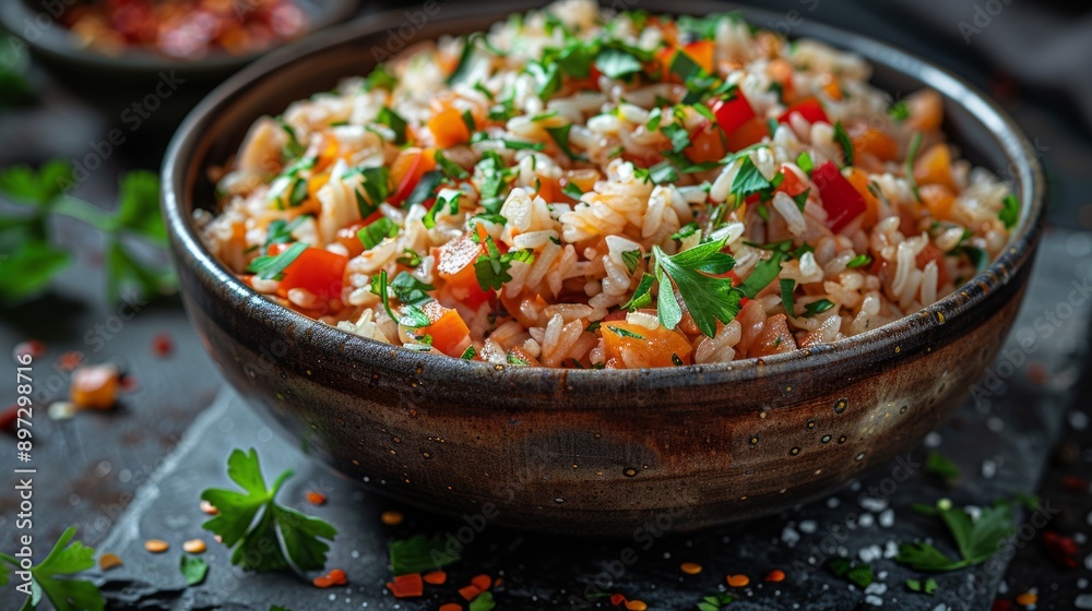 A Bowl of Aromatic Rice With Bell Peppers and Parsley, Ready to Enjoy. Generative AI A Bowl of Aromatic Rice With Bell Peppers and Parsley, Ready to Enjoy. Generative AI