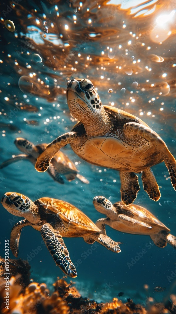 Fototapeta premium Sea turtles swimming in underwater paradise, vibrant colors