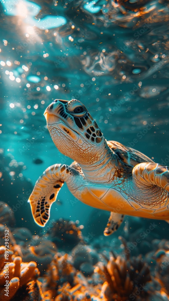 Obraz premium Sea turtle swimming smoothly under sparkling water