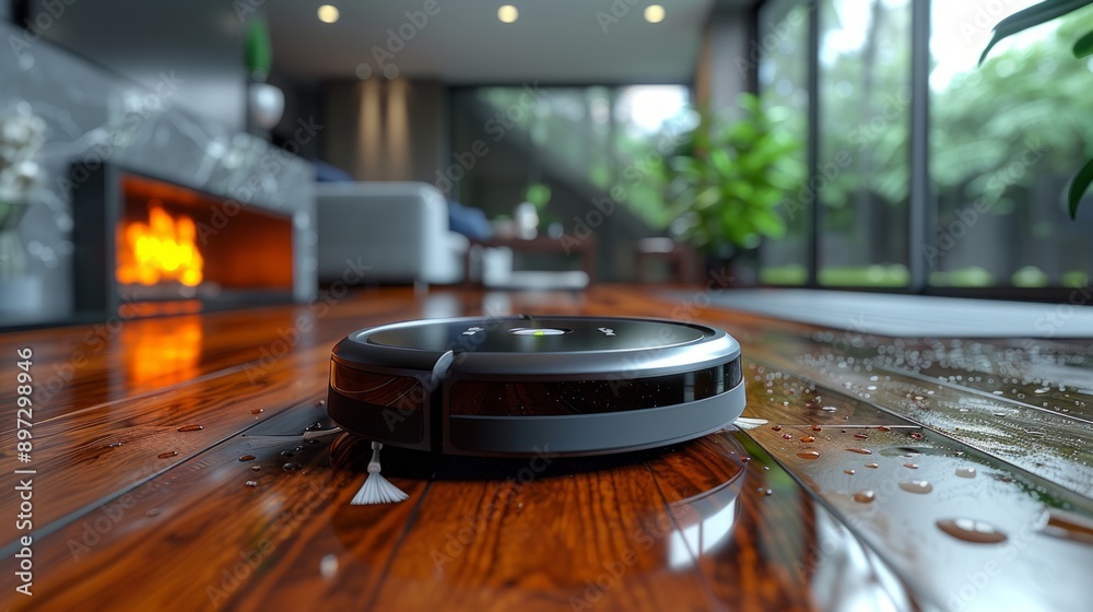 Fototapeta premium A Modern Home's Automated Chore: A Robot Vacuum Cleans Hardwood Floors After a Rainy Day. Generative AI