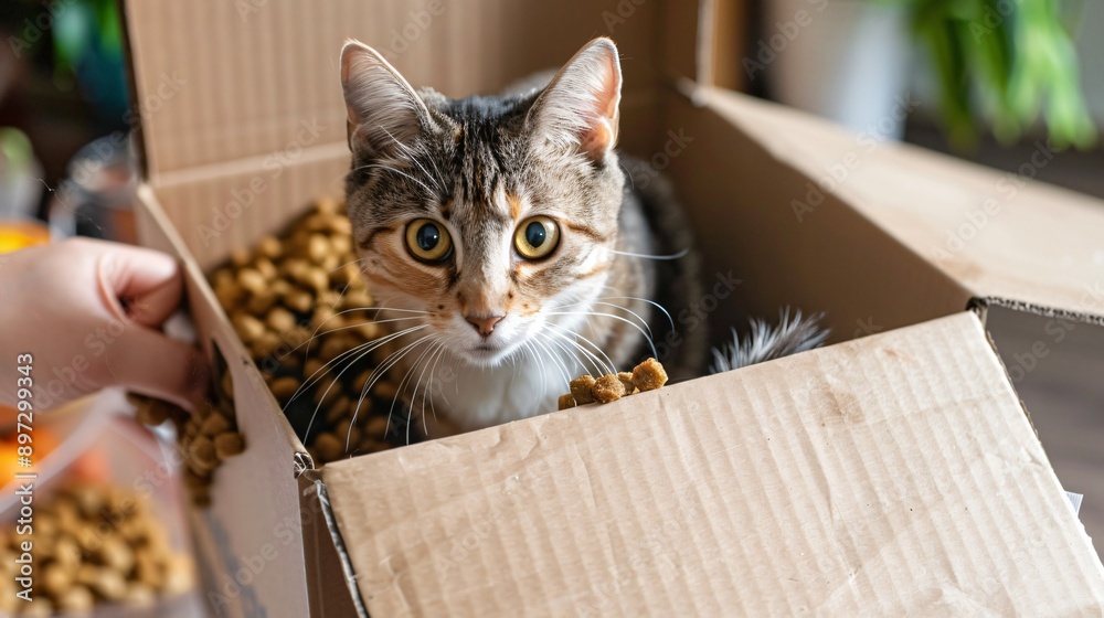 A pet food delivery box being opened to reveal fresh, high-quality pet food inside A pet food delivery box being opened to reveal fresh, high-quality pet food inside