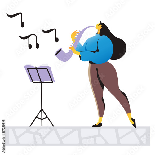 Woman playing saxophone with lead sheet