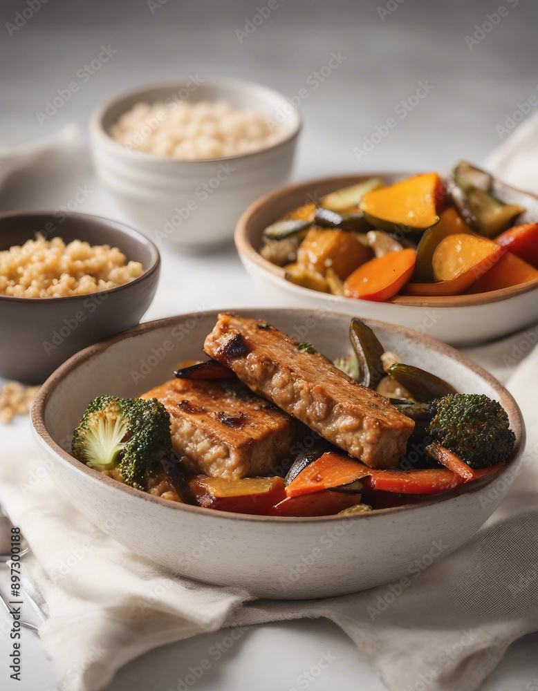 A serving of baked tempeh with roasted vegetables and a side of brown rice on a white background.
A serving of baked tempeh with roasted vegetables and a side of brown rice on a white background.