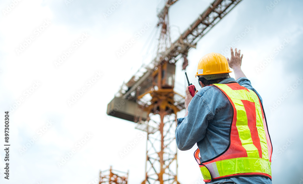Portrait of crane worker uses walkie-talkie communicate with tower crane operators to lift and move objects on building construction sites Portrait of crane worker uses walkie-talkie communicate with tower crane operators to lift and move objects on building construction sites