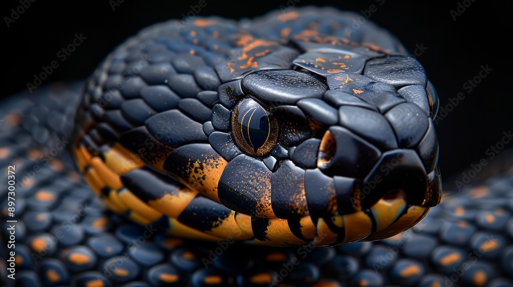 A Close Up Portrait of a Black And Orange Snake's Head. Generative AI A Close Up Portrait of a Black And Orange Snake's Head. Generative AI