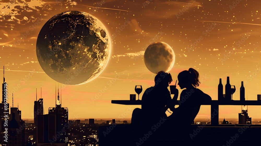 Obraz premium Silhouette couple gazing moonlit city, stars twinkling cosmic love story