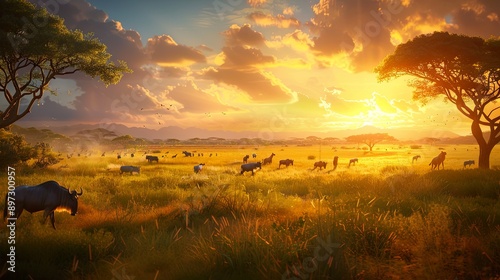 Wildebeest herd grazing in African savanna during golden hour.