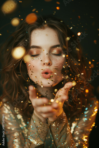 woman wearing glitter festive outfit blowing golden confetti while celebrating New Year on black background photo