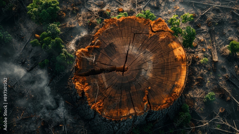 Fototapeta premium tree stump , tree cuttings , powerful image tree stumps , small trees growing stumps , high-resolution image forest regeneration