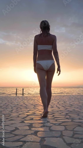 Bar, Montenegro. Young tanned woman in white bikini going to swim in the sea at sunset