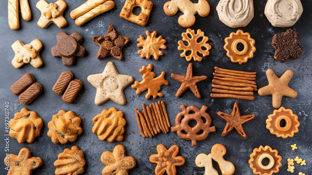 An aesthetically pleasing display of various dog treats in different shapes and sizes