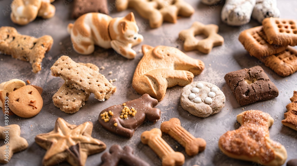 An aesthetically pleasing display of various dog treats in different shapes and sizes An aesthetically pleasing display of various dog treats in different shapes and sizes