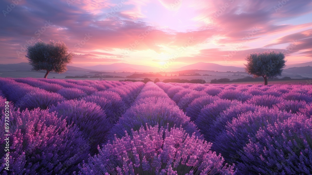 Fototapeta premium Serene Lavender Fields at Sunset in the Countryside