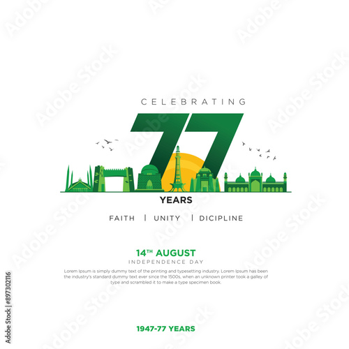 14 August 77 years Anniversary of Pakistan Independence day Vector