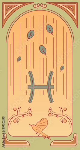 Month of March. Sign of the zodiac Pisces. Vector illustration in Art Nouveau style. Winter, shooting stars. Adobe Illustrator Artwork