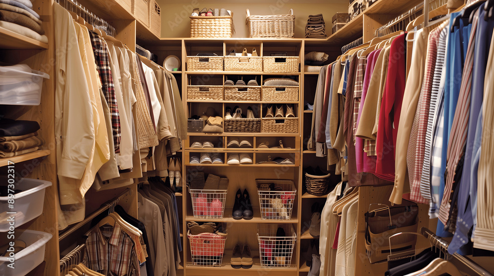 Fototapeta premium Clean closet with neatly hung clothing and organized shoes