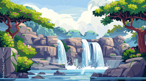 Waterfall flowing from a cliff into a river vector cartoon illustration background