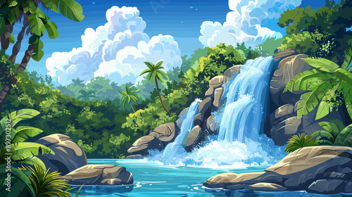 Waterfall flowing from a cliff into a river vector cartoon illustration anime background
