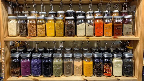 Harmoniously arranged spice rack with color-coordinated jars and labeled containers